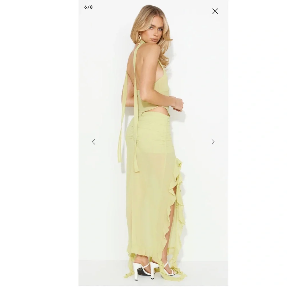 Lioness Lime Chiffon Maxi Skirt with Asymmetrical Hem, Ruching, and Ruffles - Picture 9 of 9